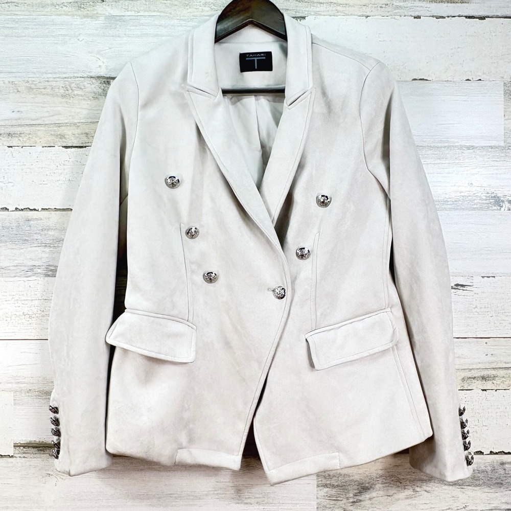 Tahari Womens Faux Suede Double Breasted Blazer Silver Crest Button Light Gray S
